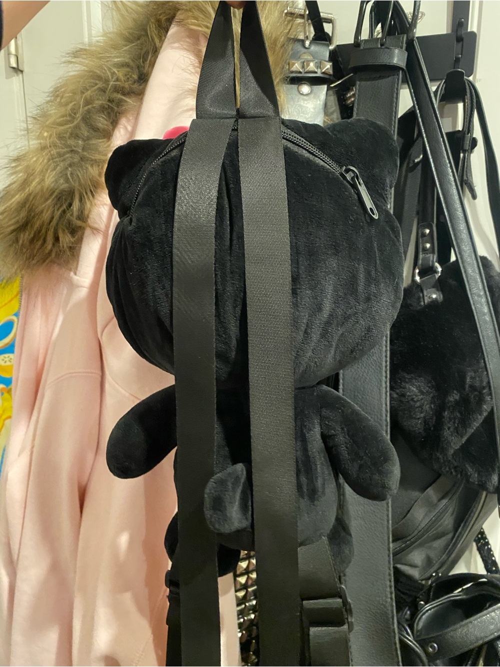 Dolls Kill Black Skeleton Kitty Plush Backpack with Hot Pink Bow - Picture 2 of 4